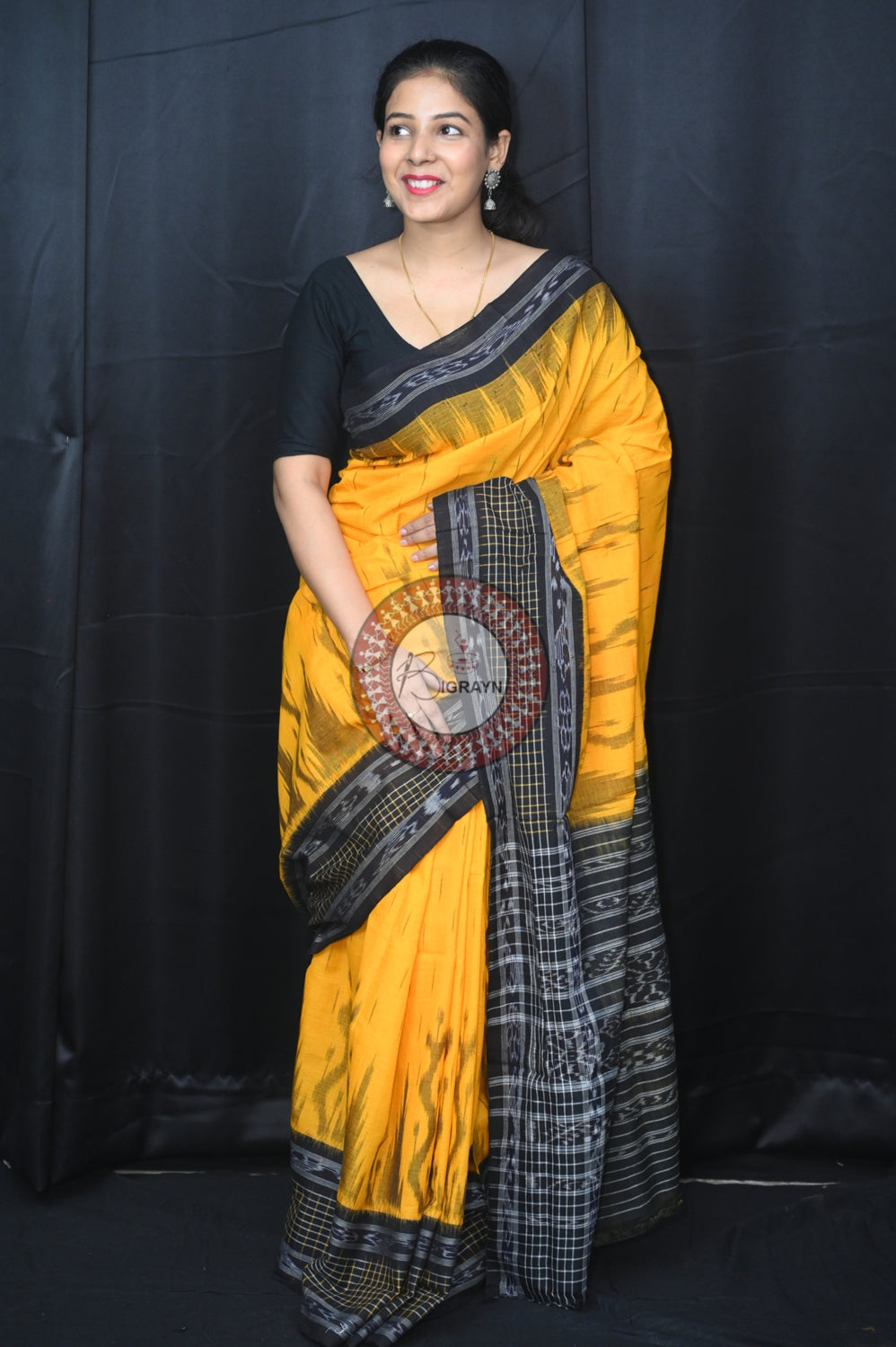 Yellow Black Daali Scott Khandua Cotton Saree