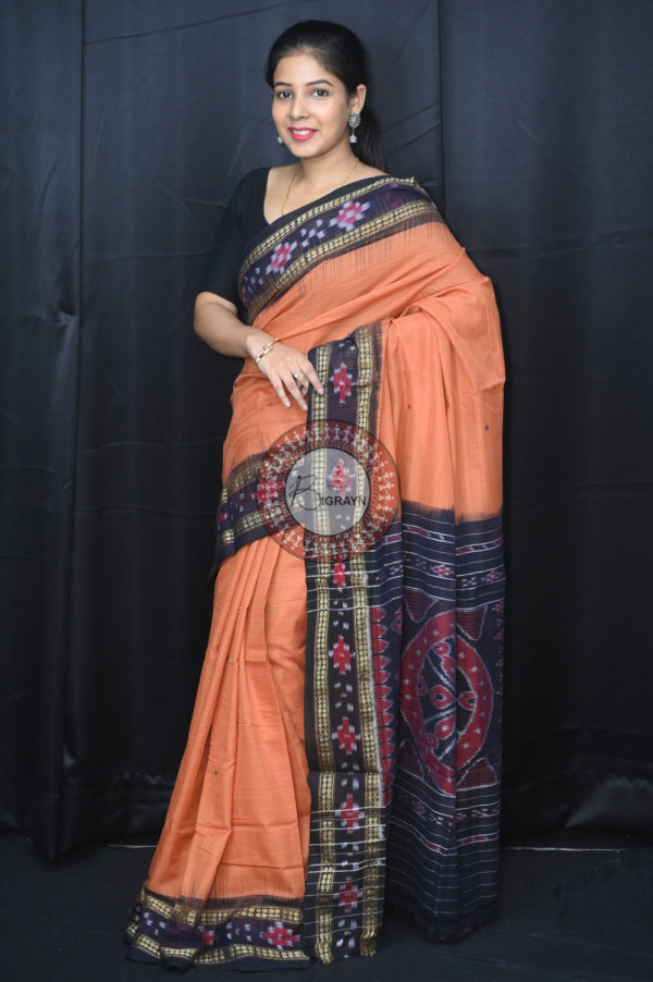 Brown Black Rekha Buti Khandua Cotton Saree