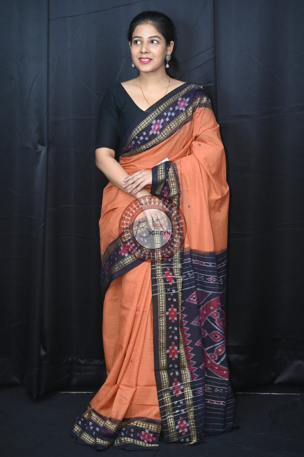 Brown Black Rekha Buti Khandua Cotton Saree