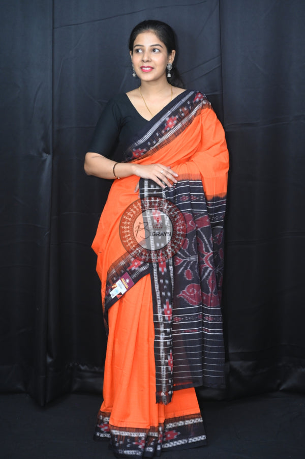 Orange Black Rekha Buti Khandua Cotton Saree