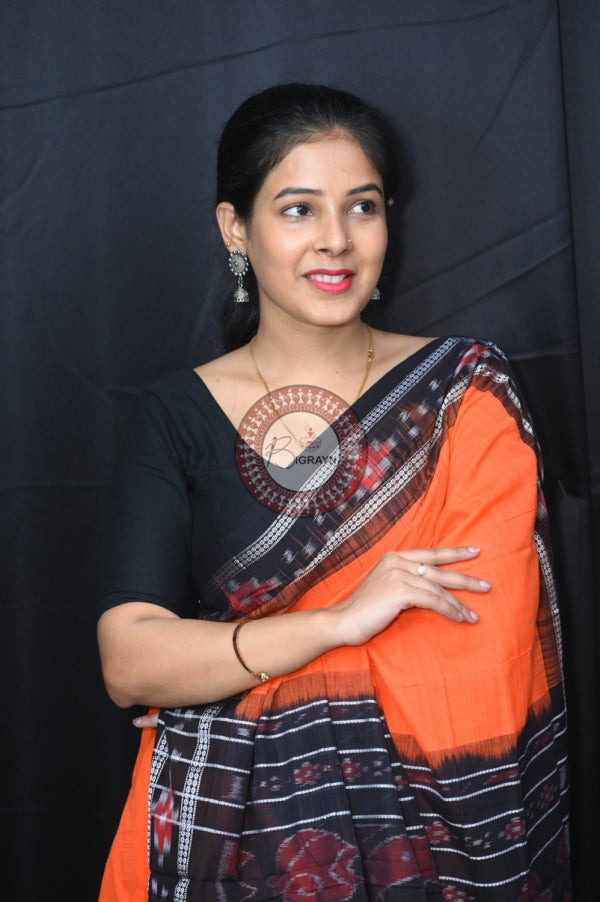 Orange Black Rekha Buti Khandua Cotton Saree