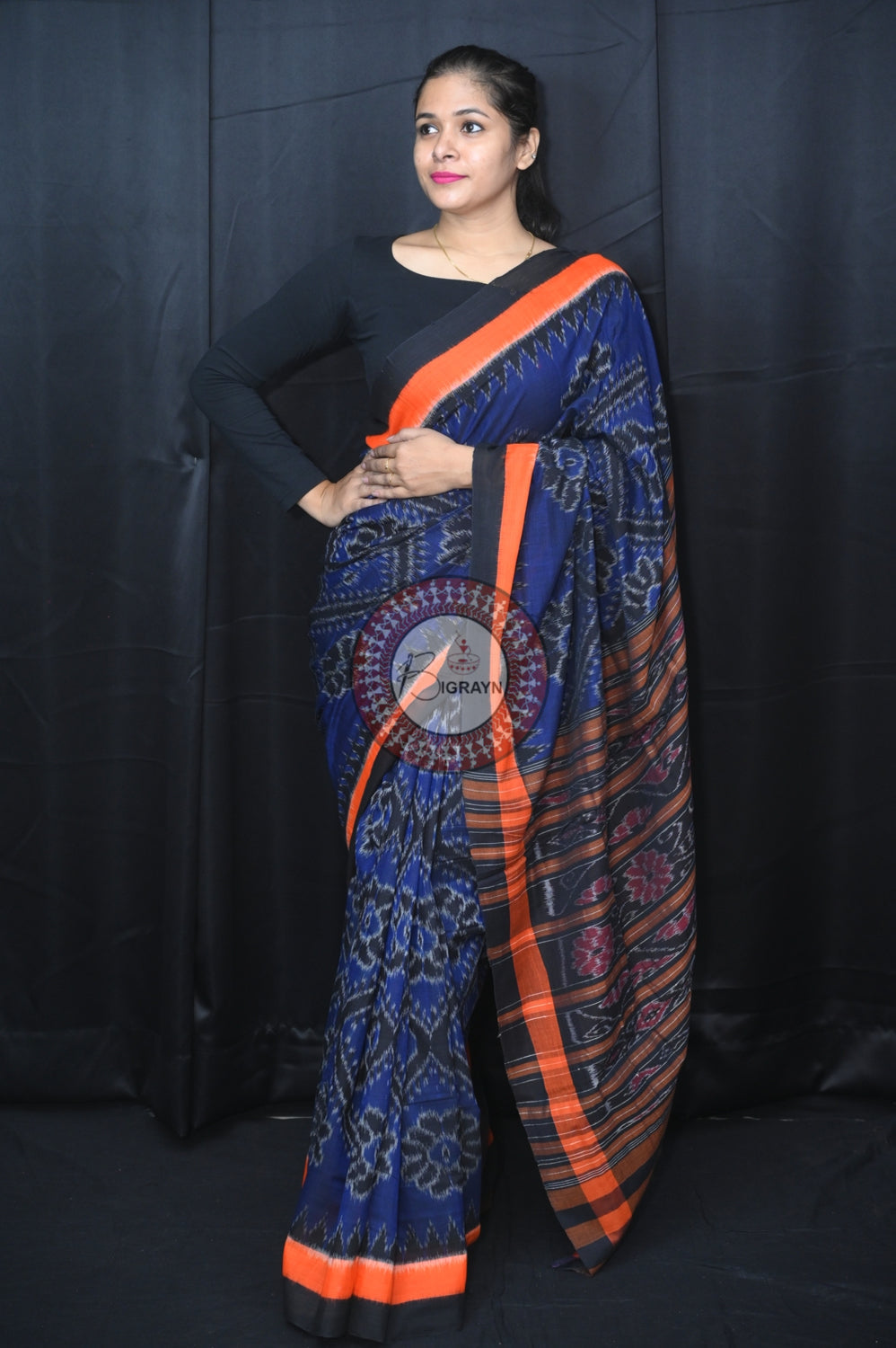 Navy Blue Bada Phula Khandua Cotton Saree