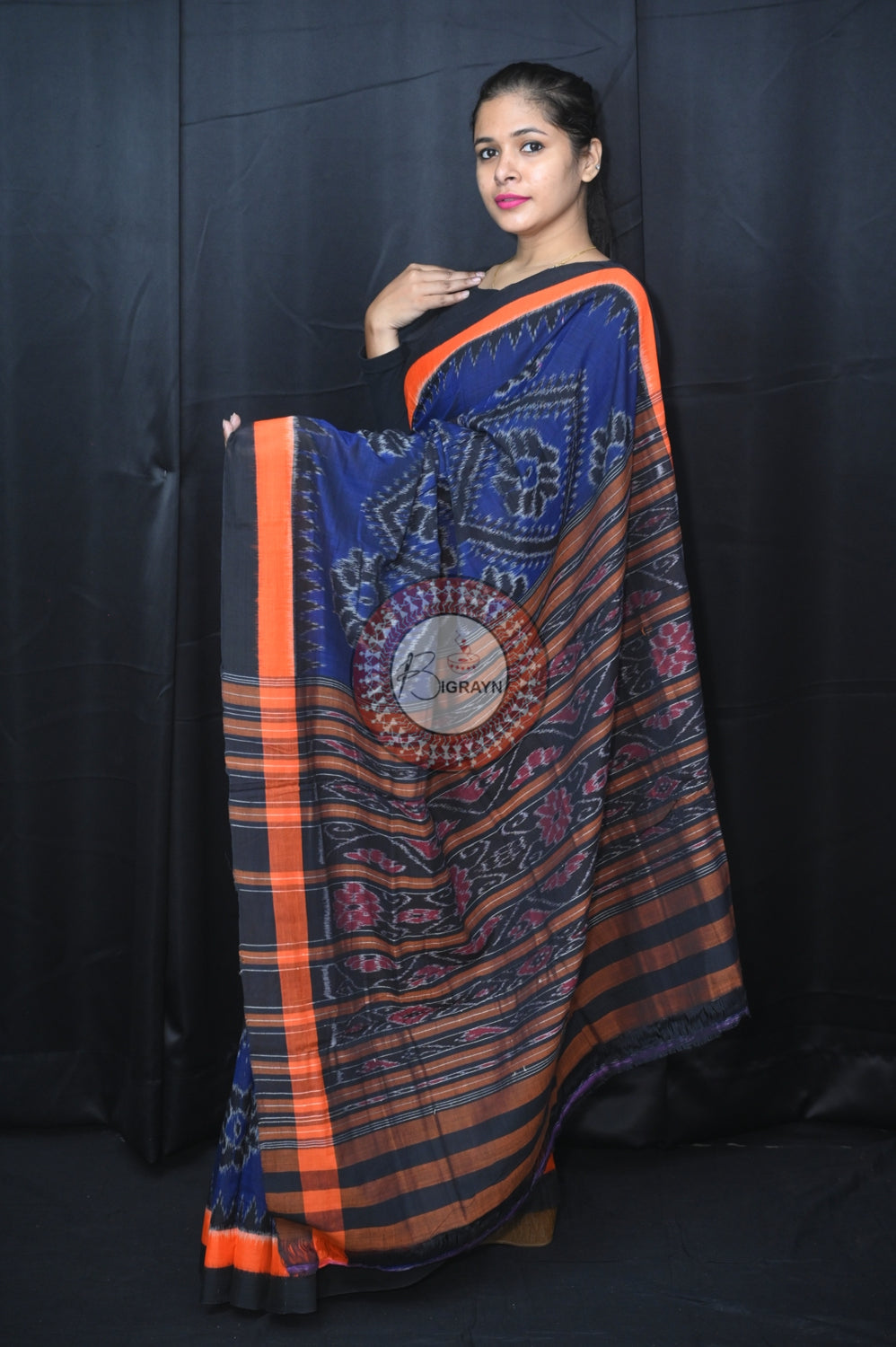 Navy Blue Bada Phula Khandua Cotton Saree
