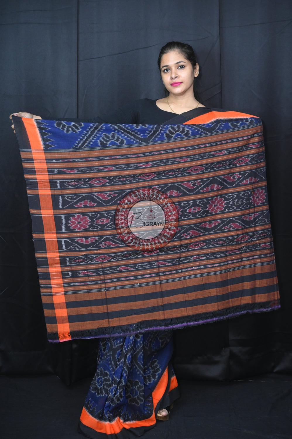 Navy Blue Bada Phula Khandua Cotton Saree