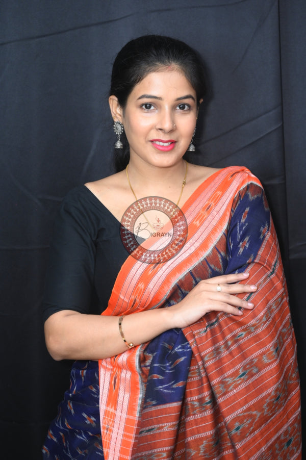 Blue Orange Mayur Chandrika Khandua Cotton Saree