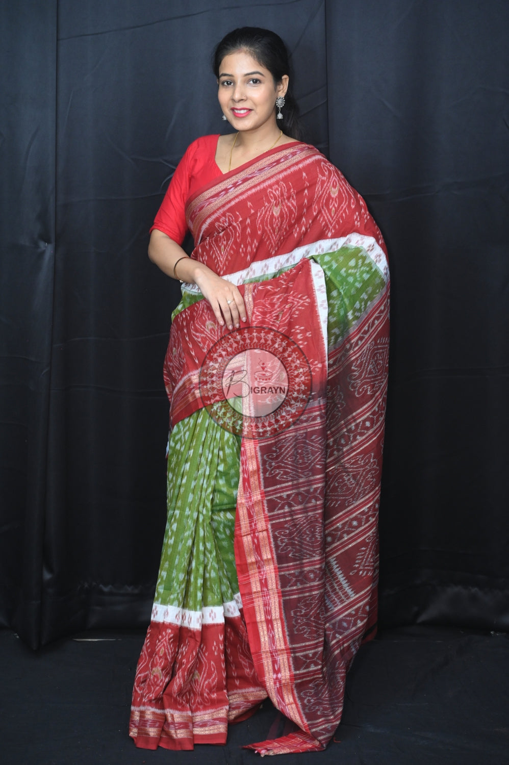 Mehndi Maroon 5D Khandua Cotton Saree