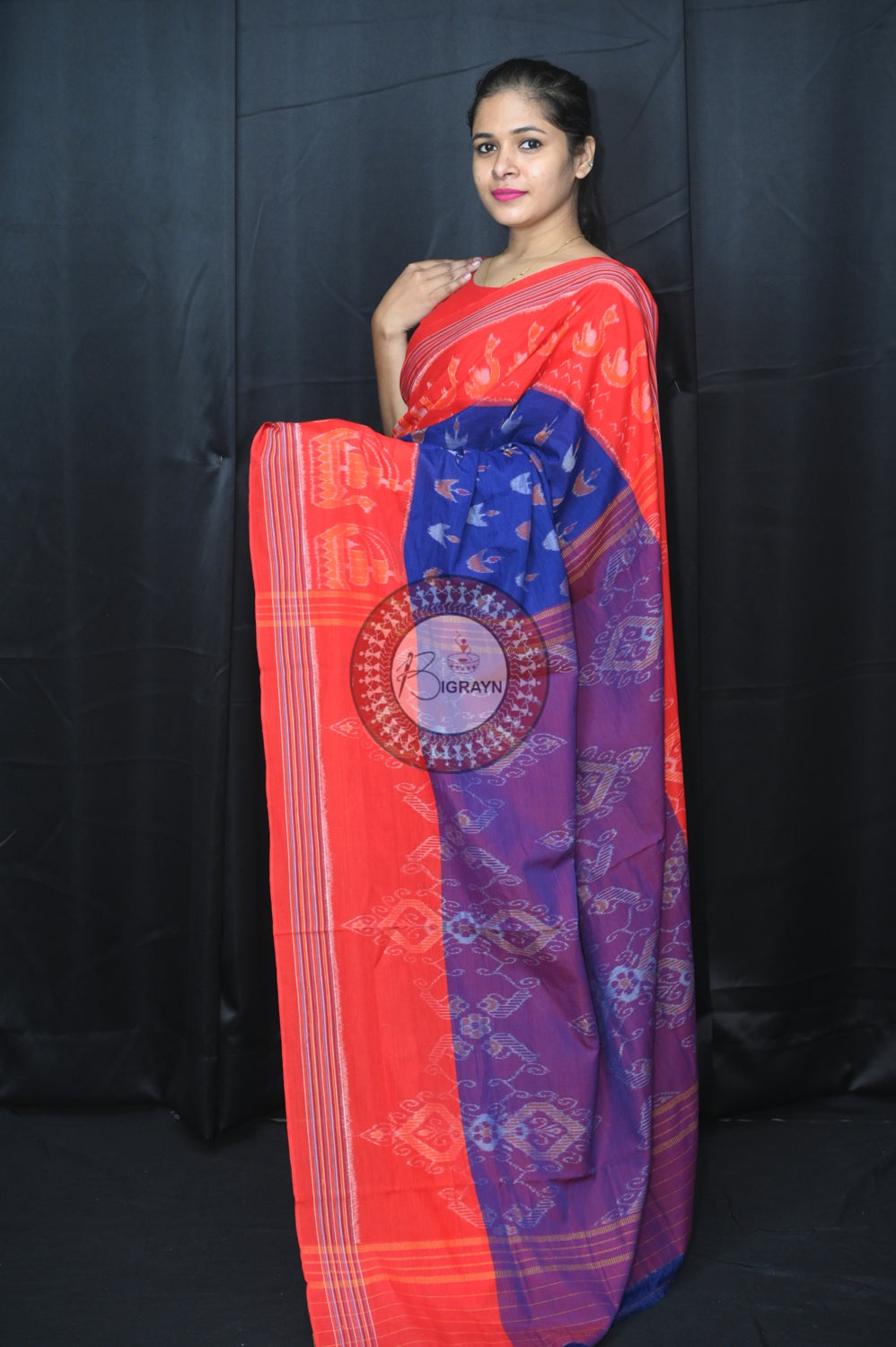 Blue Red Boita Khandua Cotton Saree
