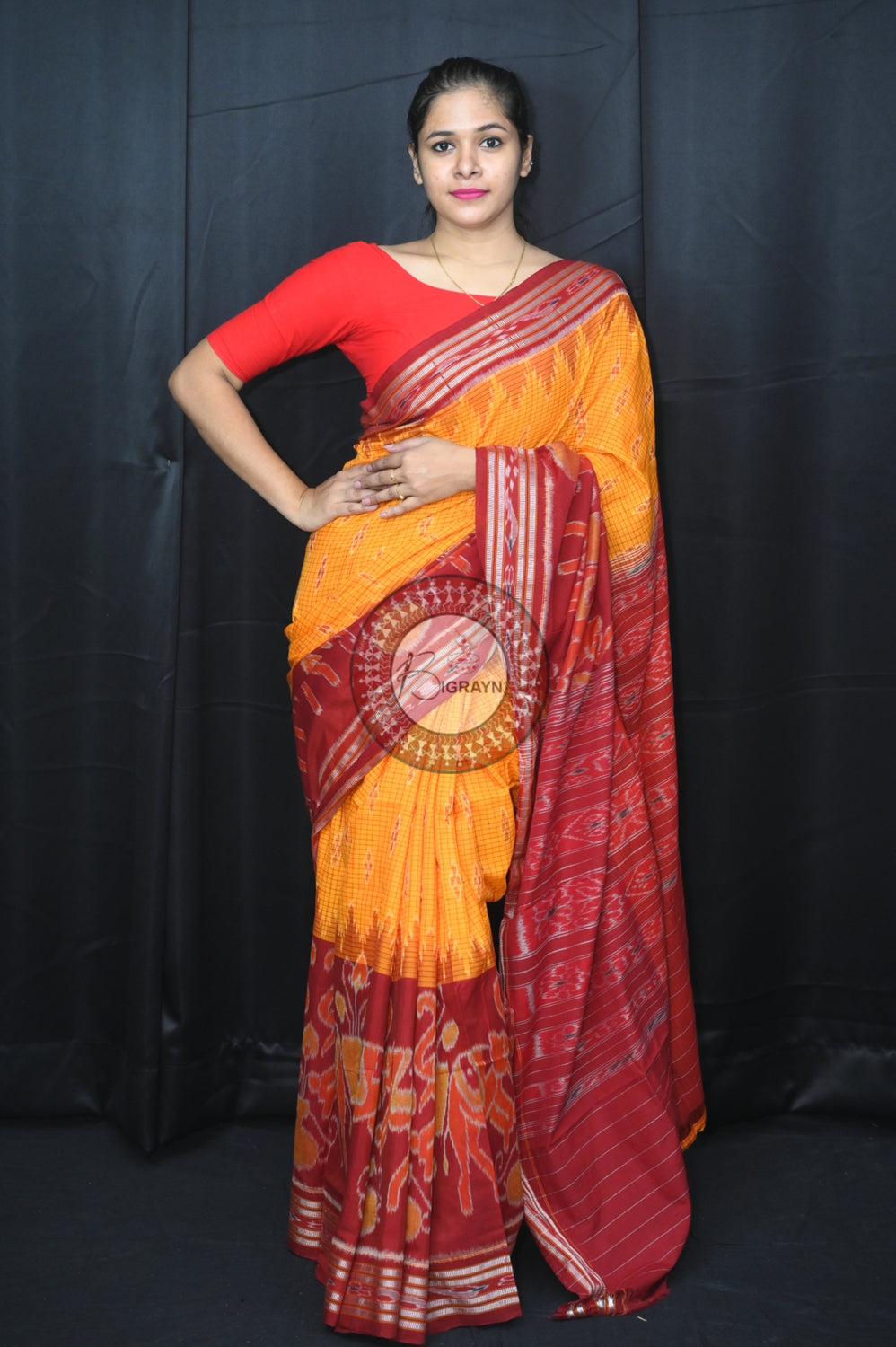 Yellow Maroon Elephant Scot Khandua Cotton Saree
