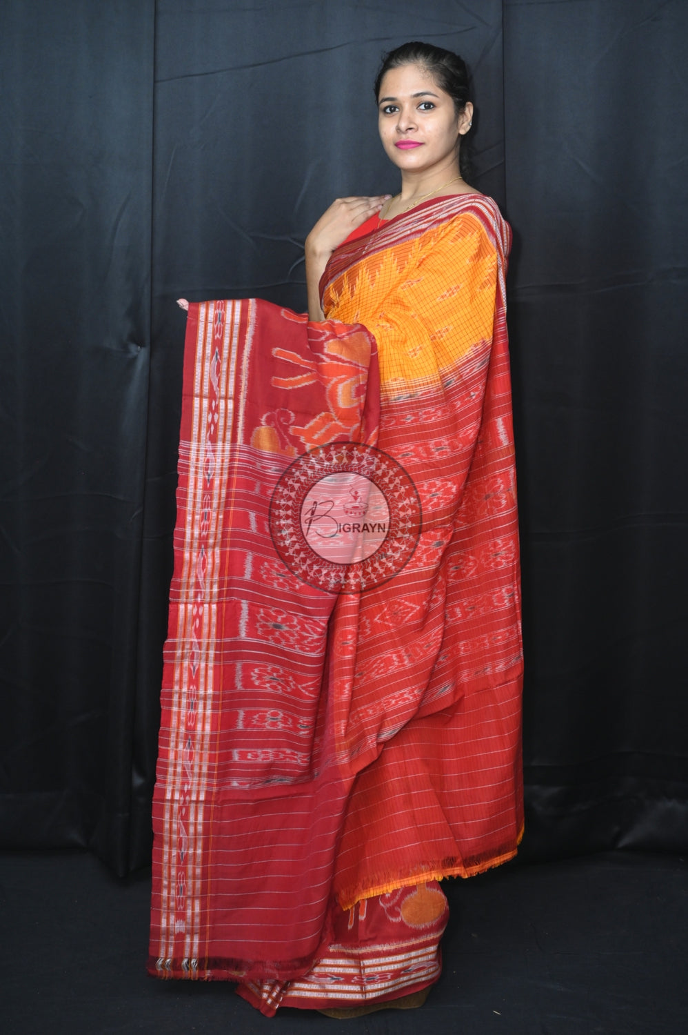 Yellow Maroon Elephant Scot Khandua Cotton Saree