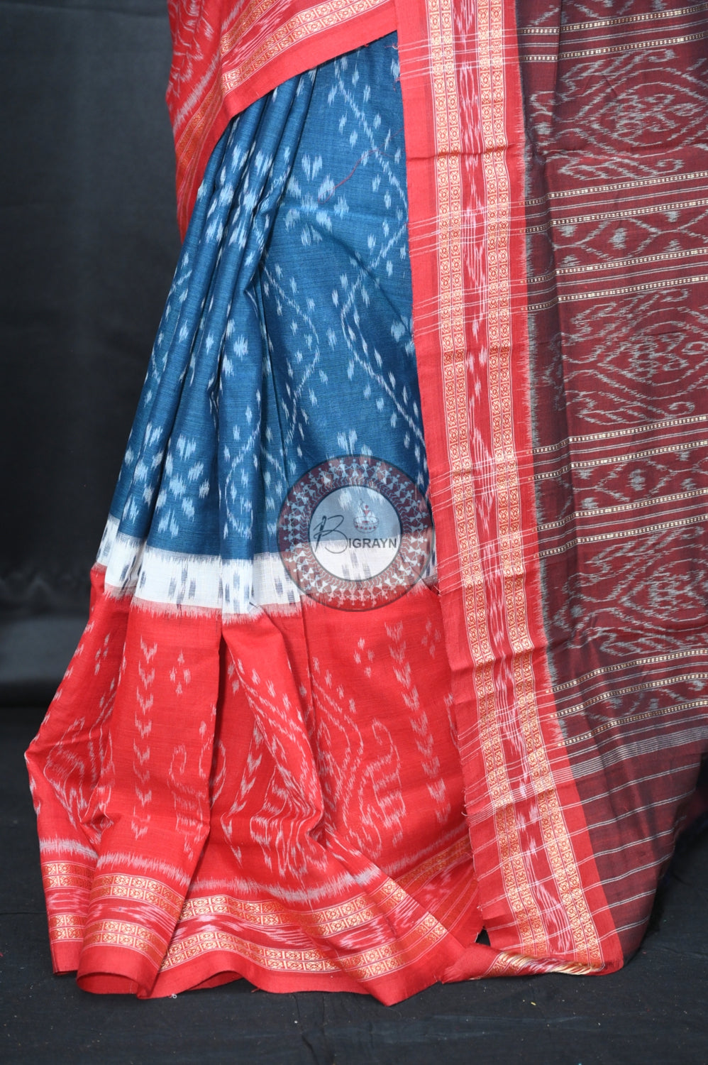 Teal Blue White Red 5D Khandua Cotton Saree