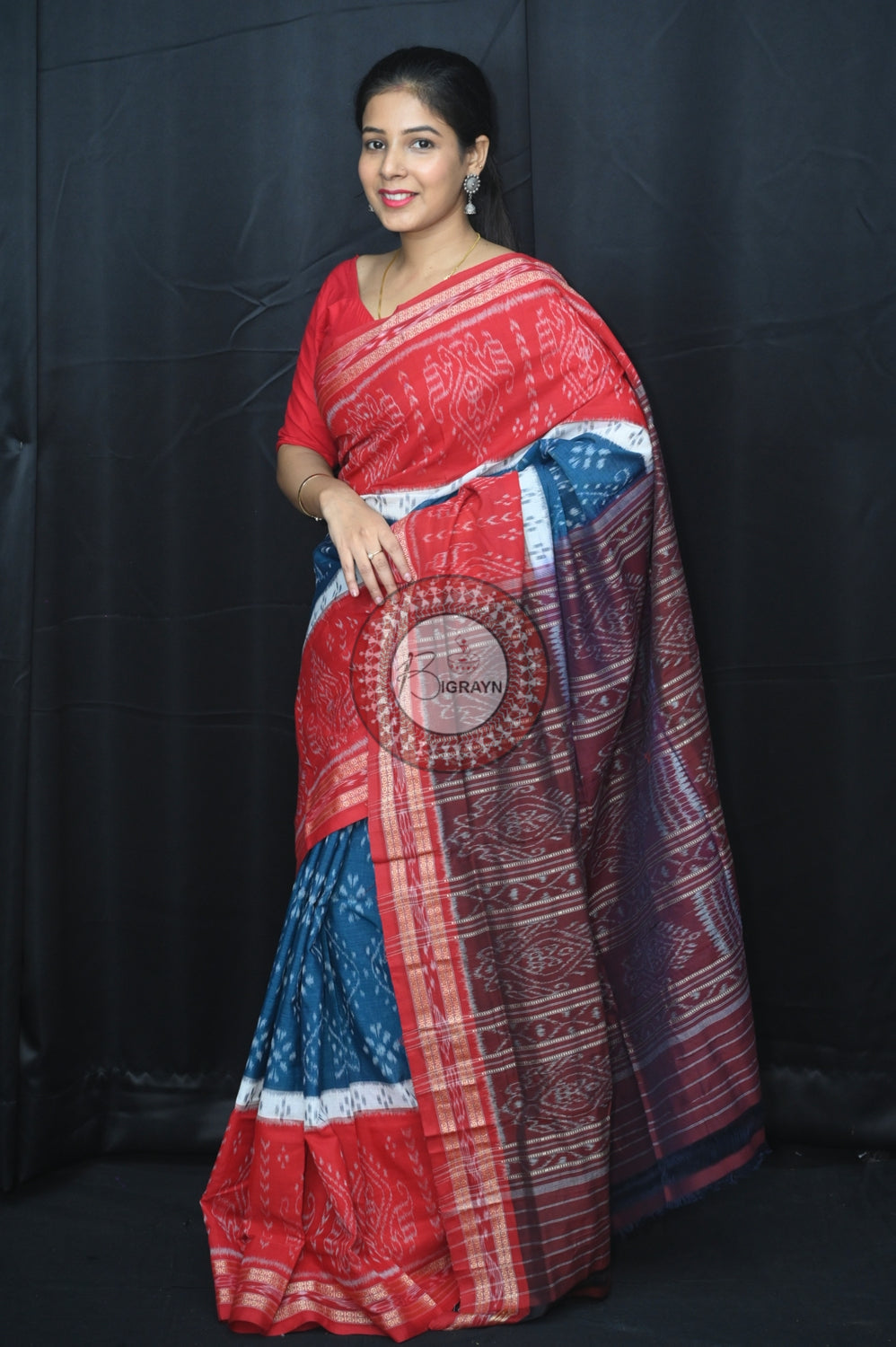 Teal Blue White Red 5D Khandua Cotton Saree