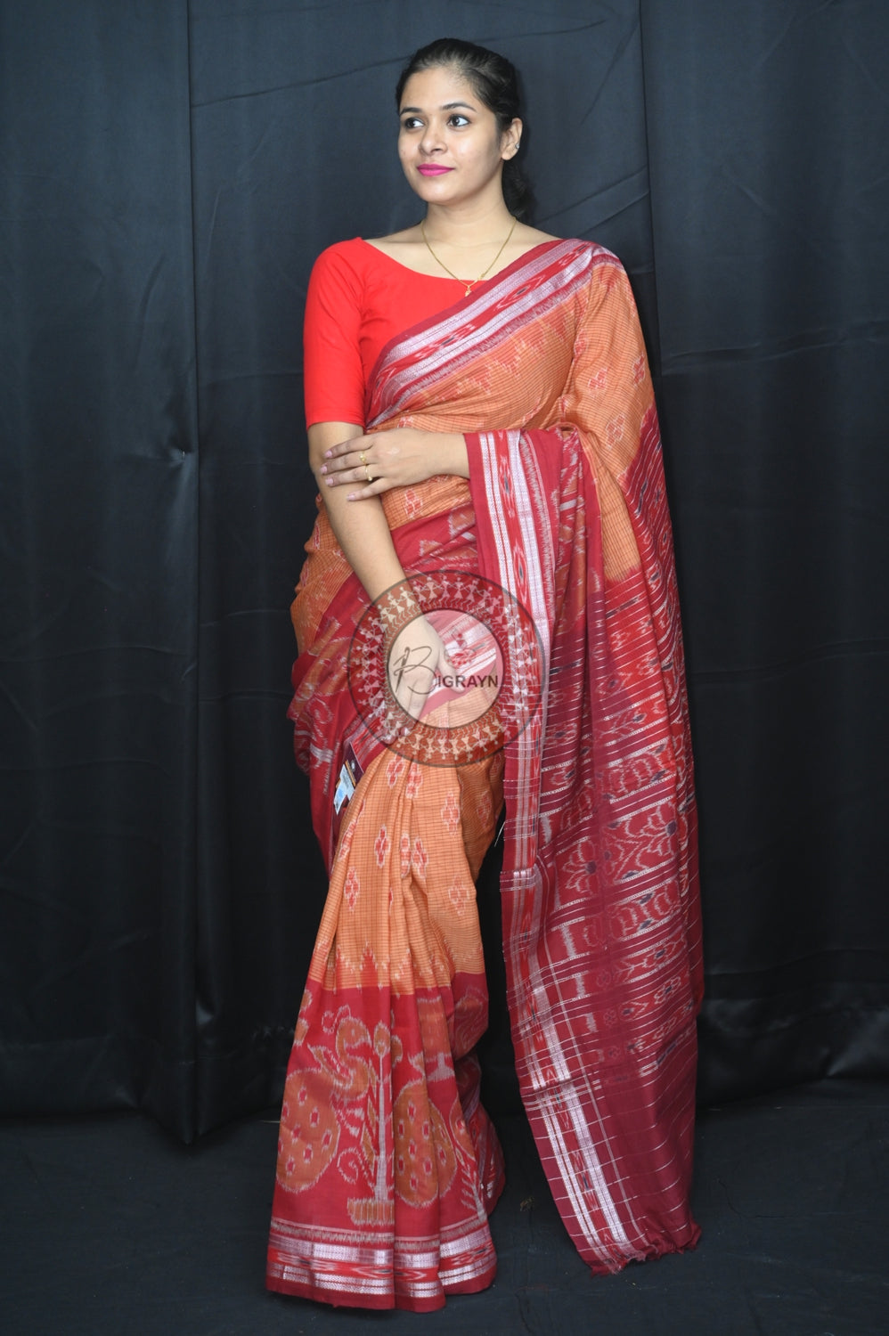 Brown Maroon Peacock Scot Khandua Cotton Saree