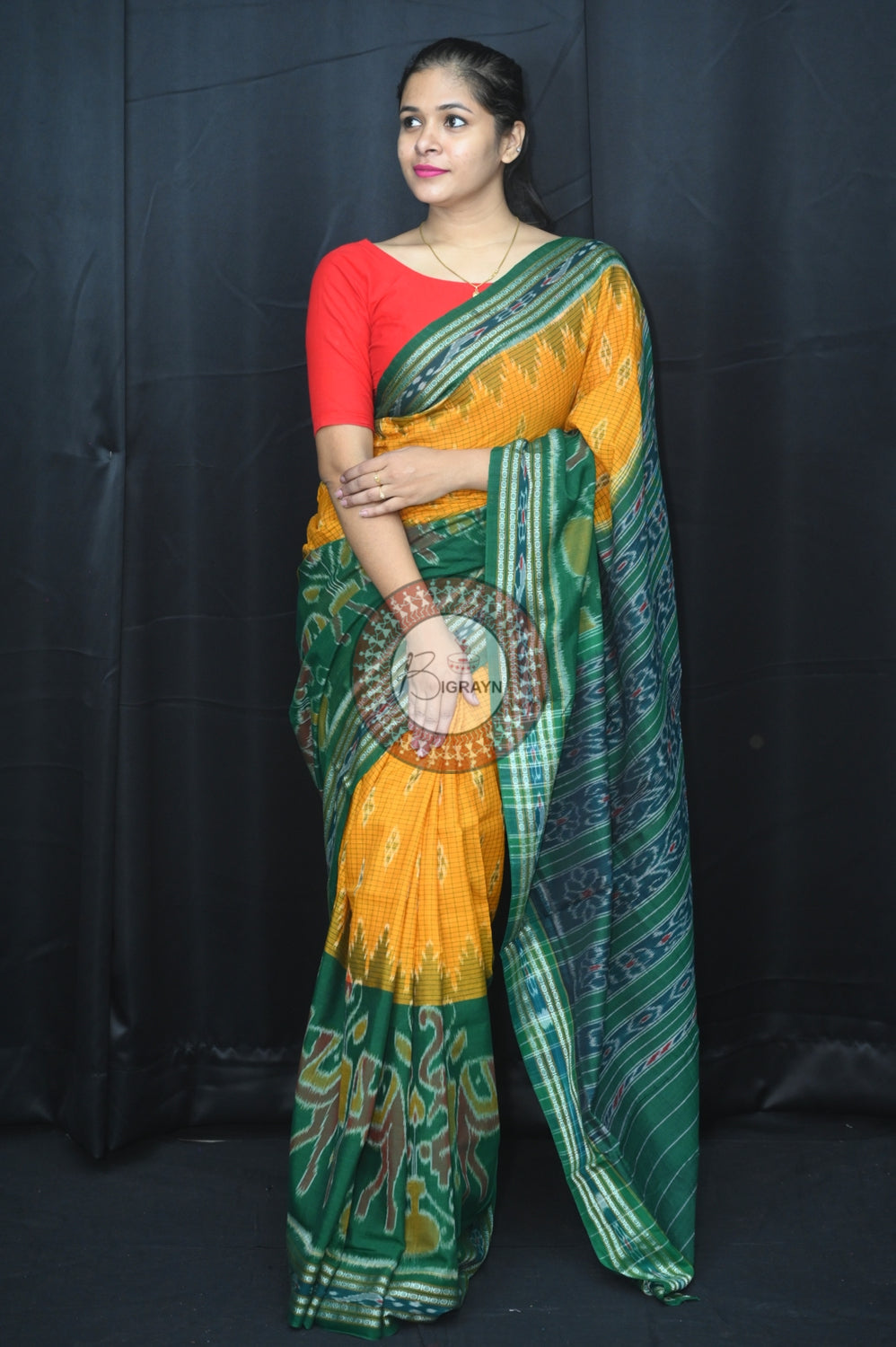 Yellow Green Elephant Scot Khandua Cotton Saree