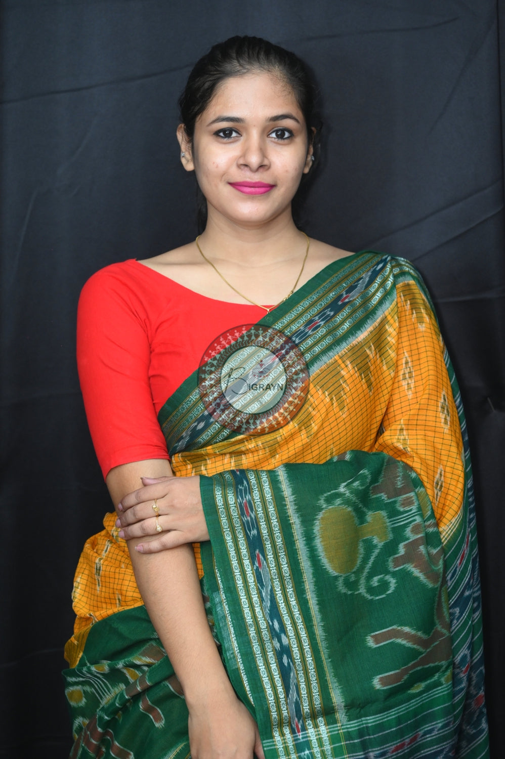 Yellow Green Elephant Scot Khandua Cotton Saree