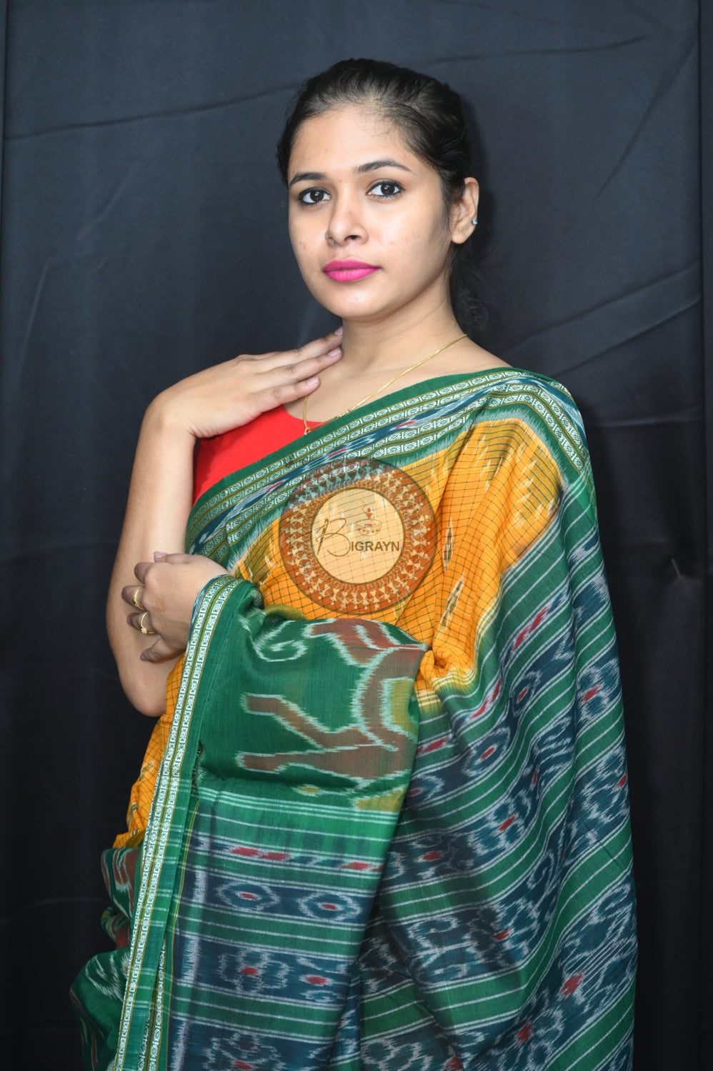 Yellow Green Elephant Scot Khandua Cotton Saree