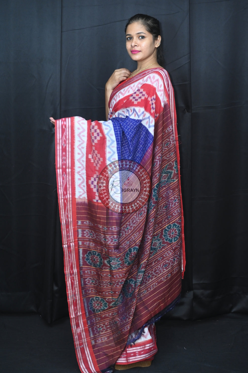 Blue Maroon Maniraja Khandua Cotton Saree