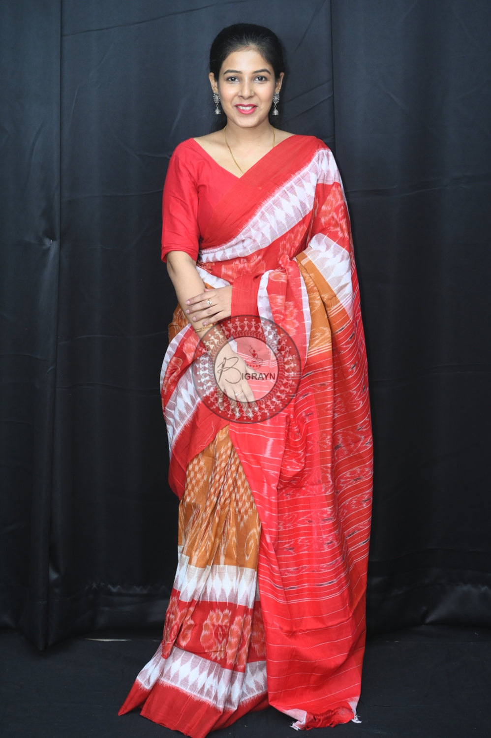 Brown White Maroon 7D Khandua Cotton Saree