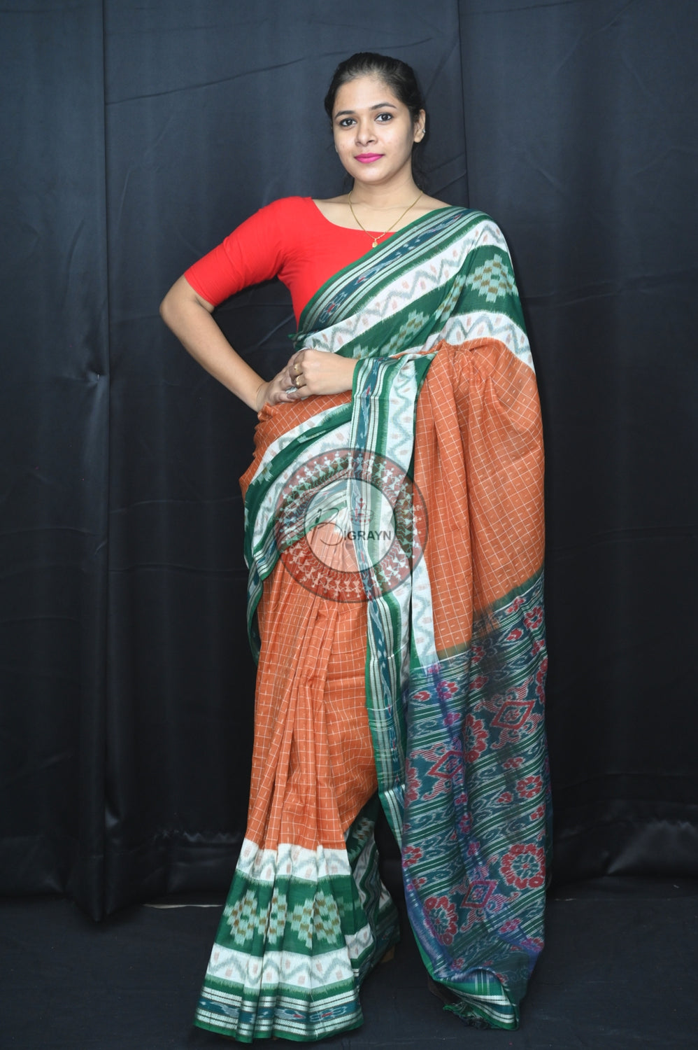 Brown Green Maniraja Khandua Cotton Saree