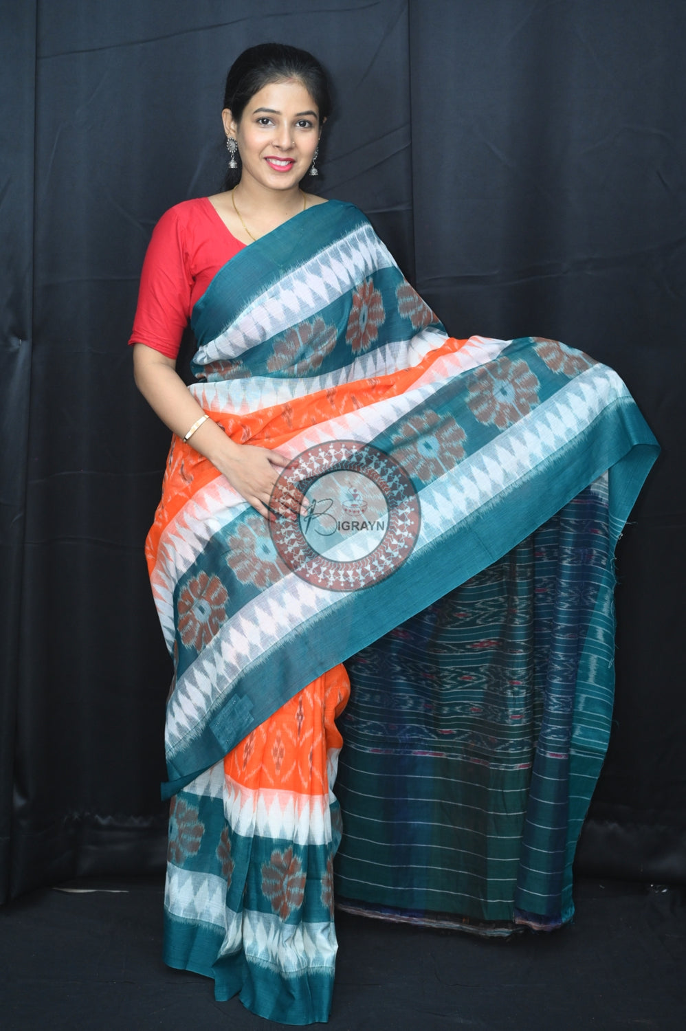 Orange White Green 7D Khandua Cotton Saree