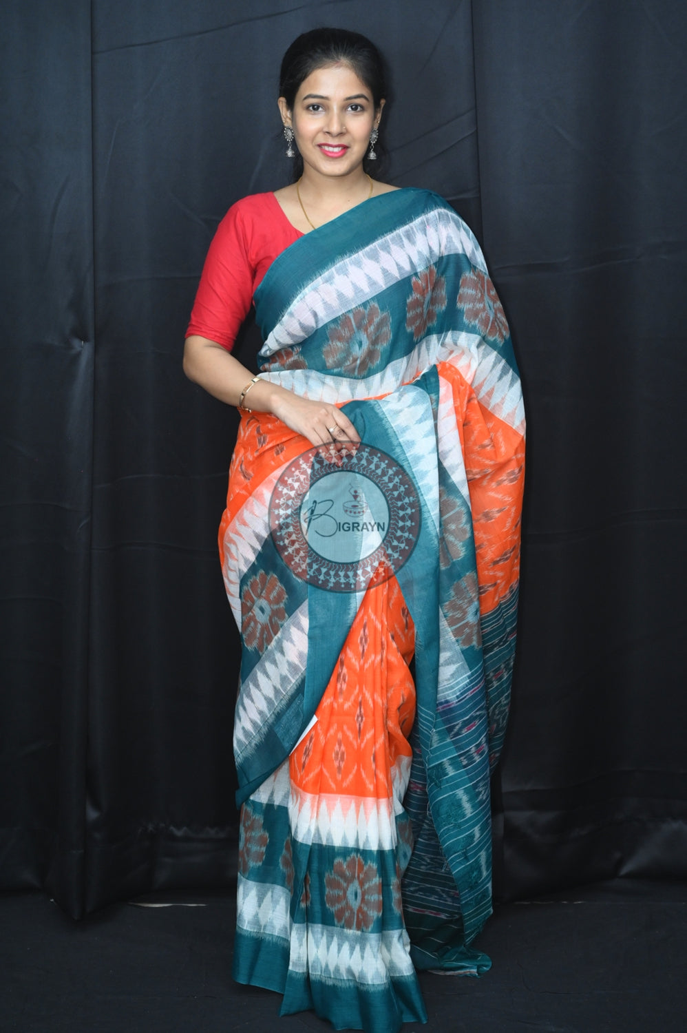 Orange White Green 7D Khandua Cotton Saree