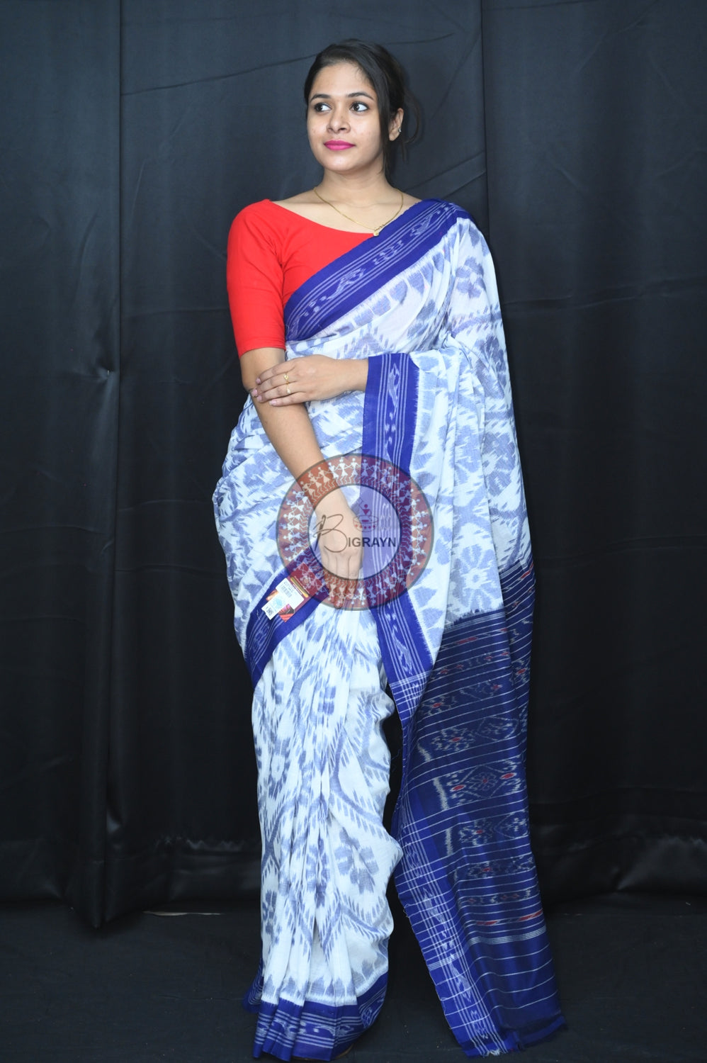 White Blue Bada Phula Khandua Cotton Saree