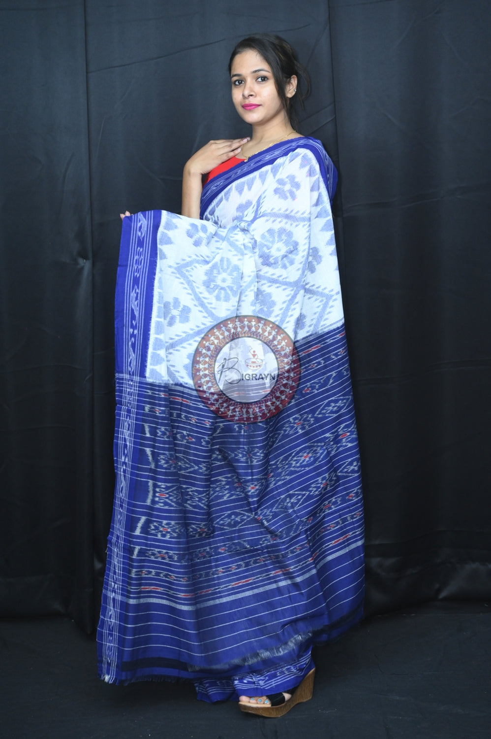White Blue Bada Phula Khandua Cotton Saree