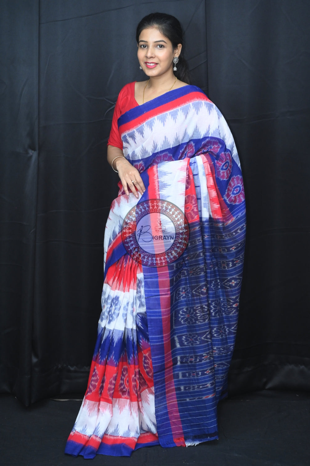 Red White Blue 7D Designer Khandua Cotton Saree