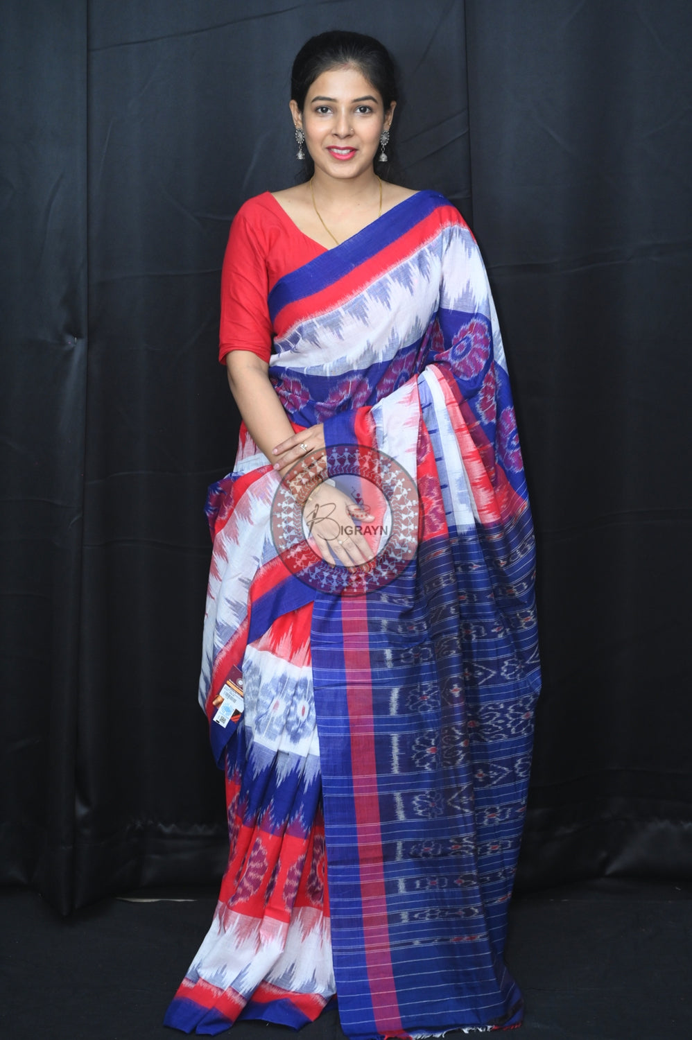 Red White Blue 7D Khandua Cotton Saree