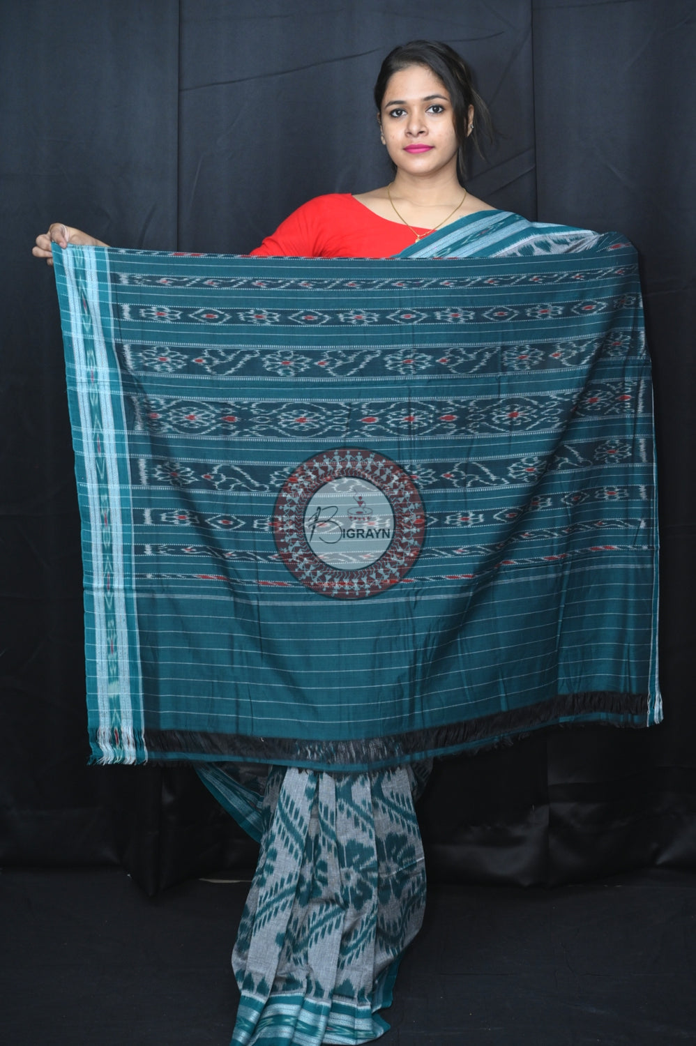 Grey Green Bada Phula Khandua Cotton Saree