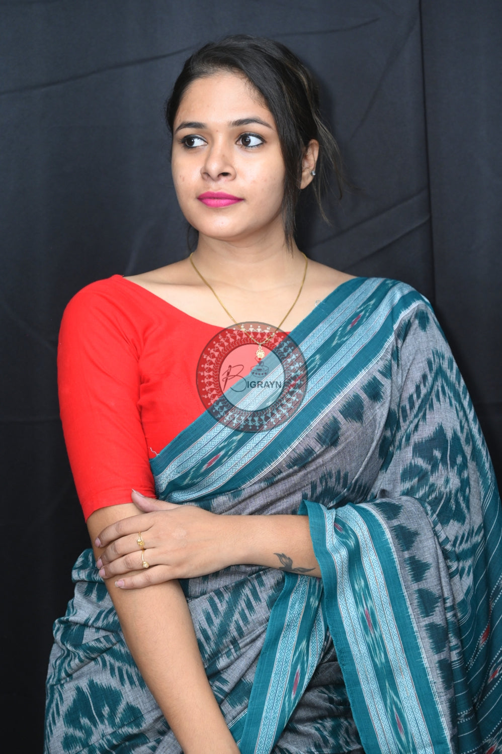 Grey Green Bada Phula Khandua Cotton Saree
