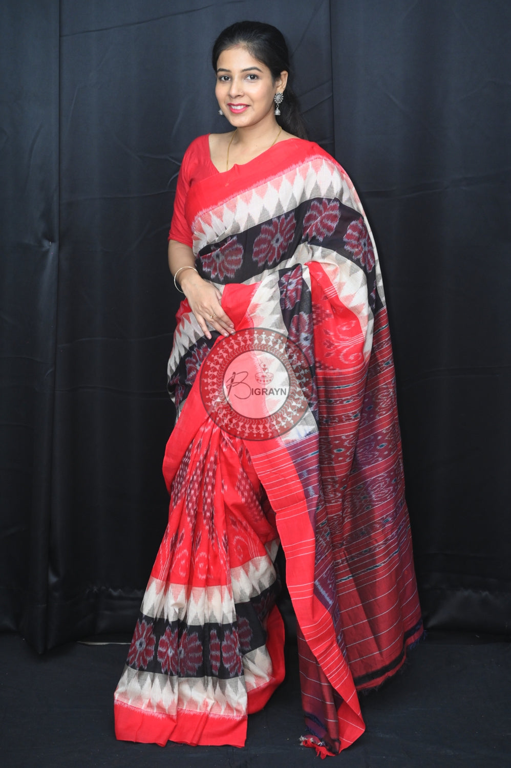 Off White Black Red 7D Khandua Cotton Saree