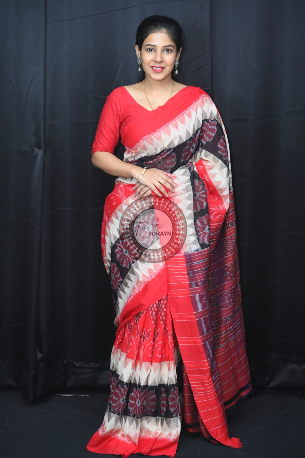 Off White Black Red 7D Khandua Cotton Saree
