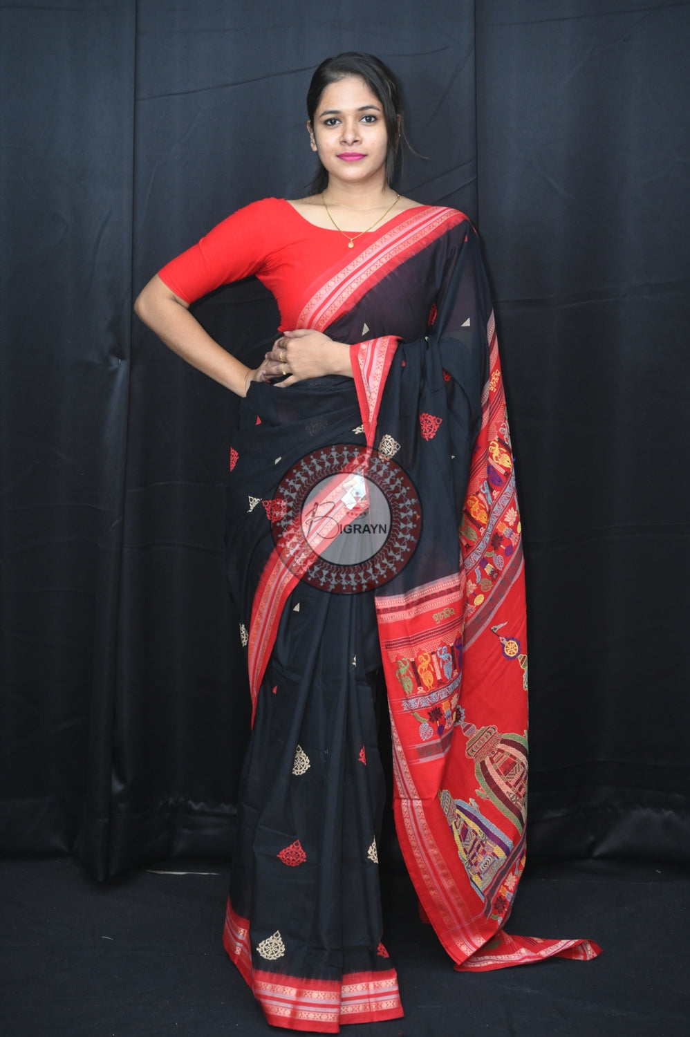 Black Red Sri Mandir Sambalpuri Cotton Saree