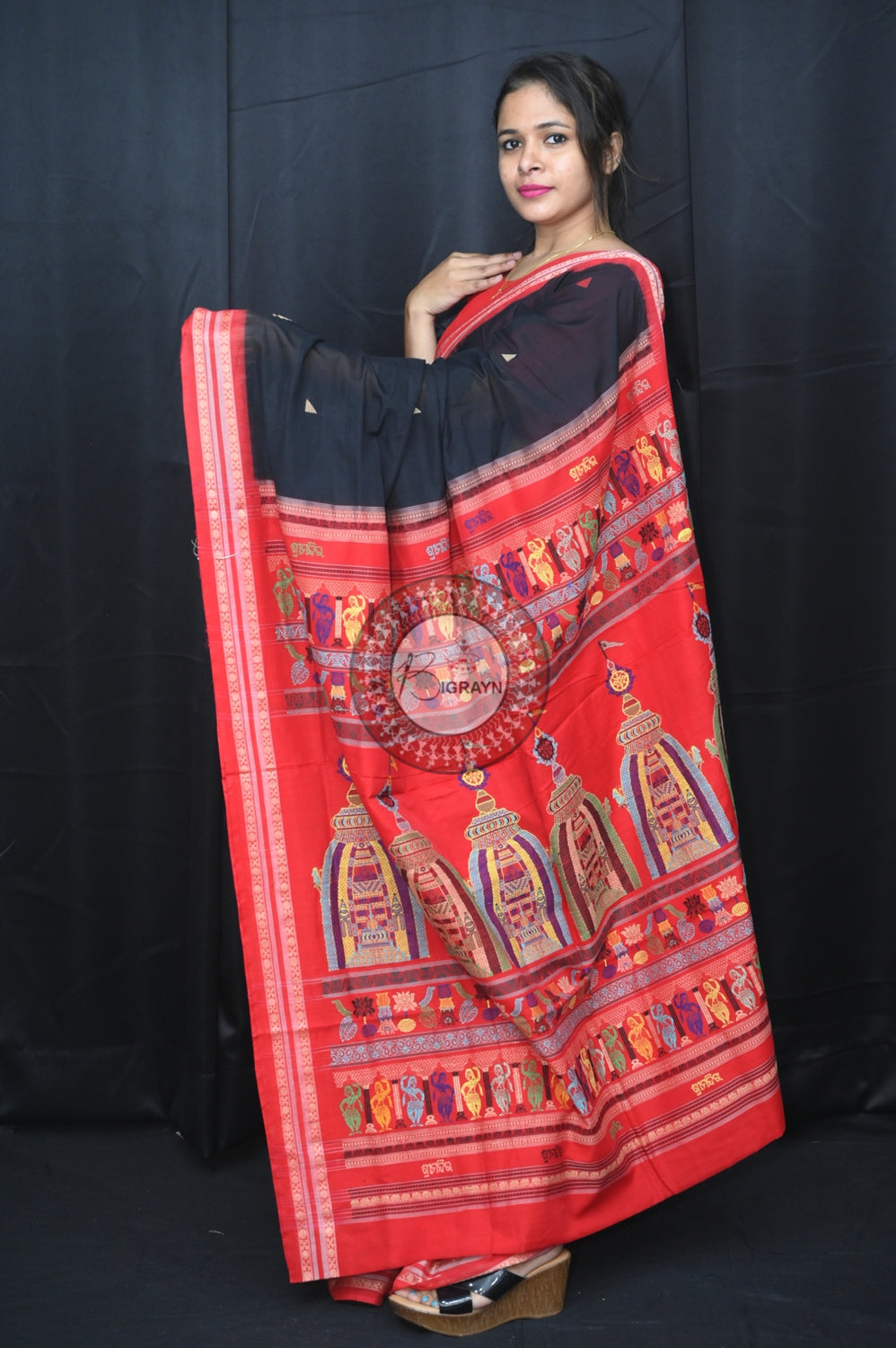 Black Red Sri Mandir Sambalpuri Cotton Saree