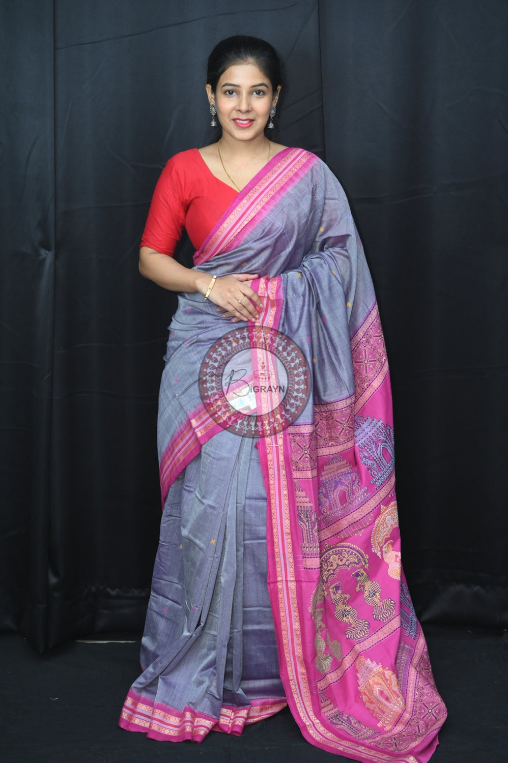 Grey Pink Konark Jaala Sambalpuri Cotton Saree