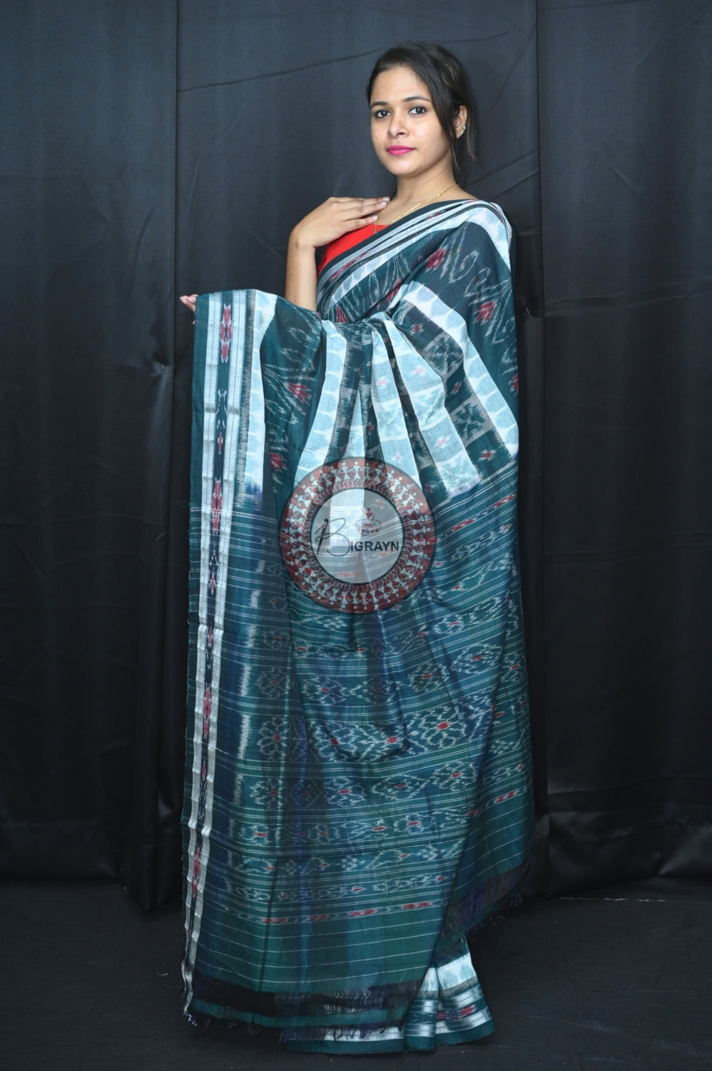 White Green Hycco Khandua Cotton Saree