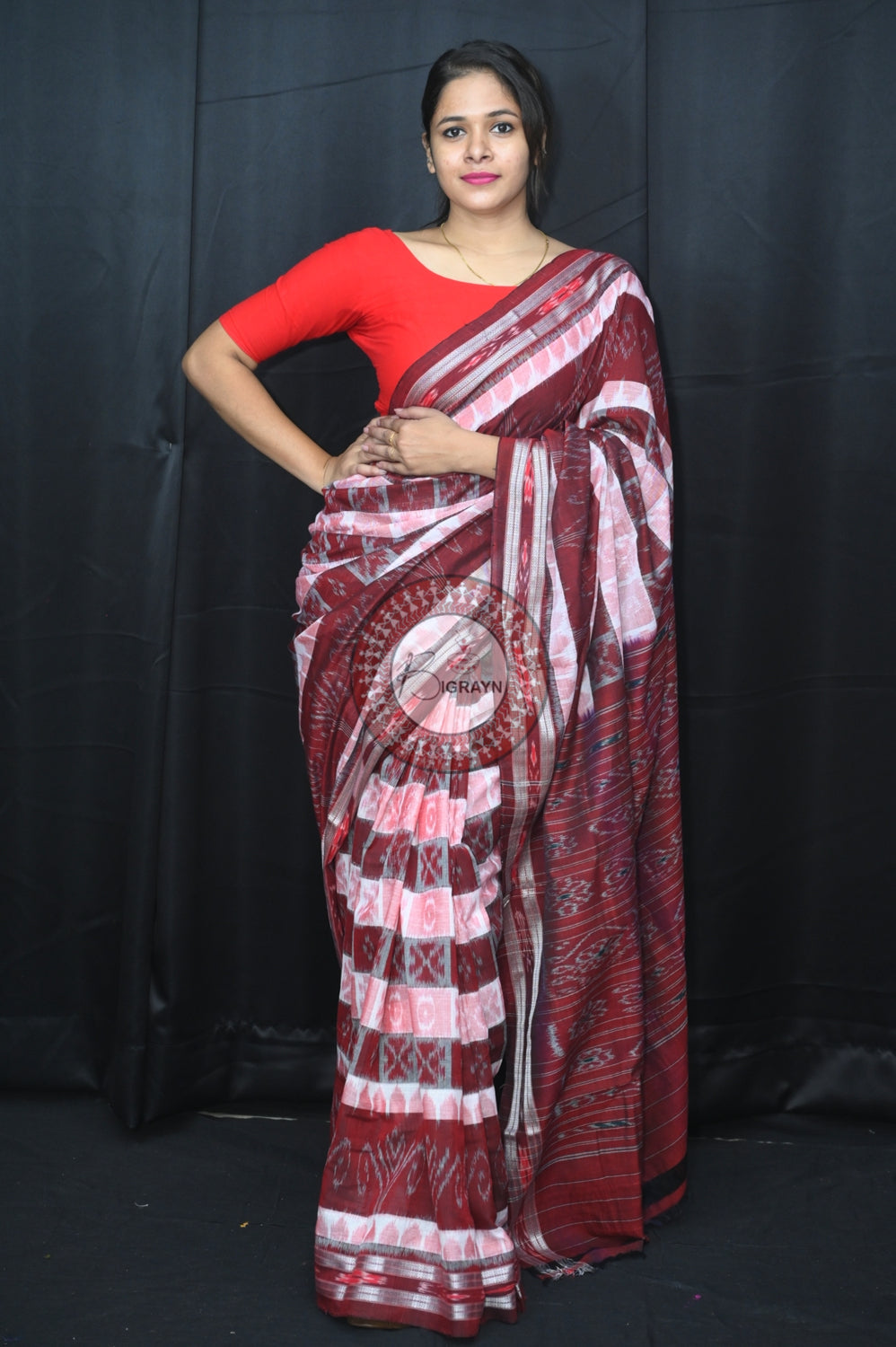 White Maroon Hycco Khandua Cotton Saree