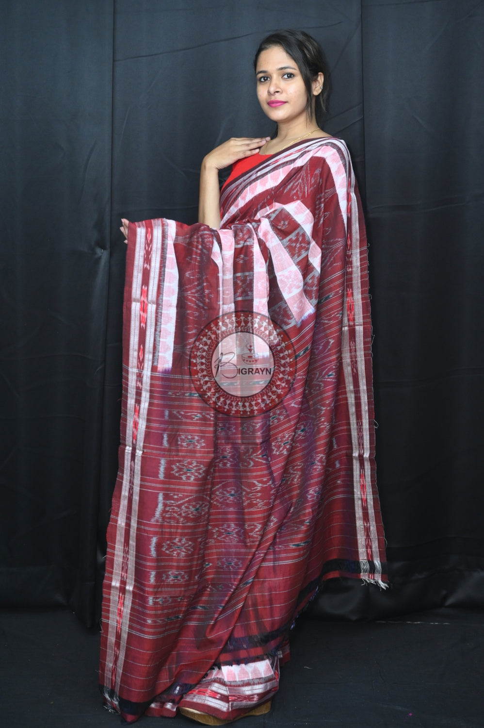 White Maroon Hycco Khandua Cotton Saree