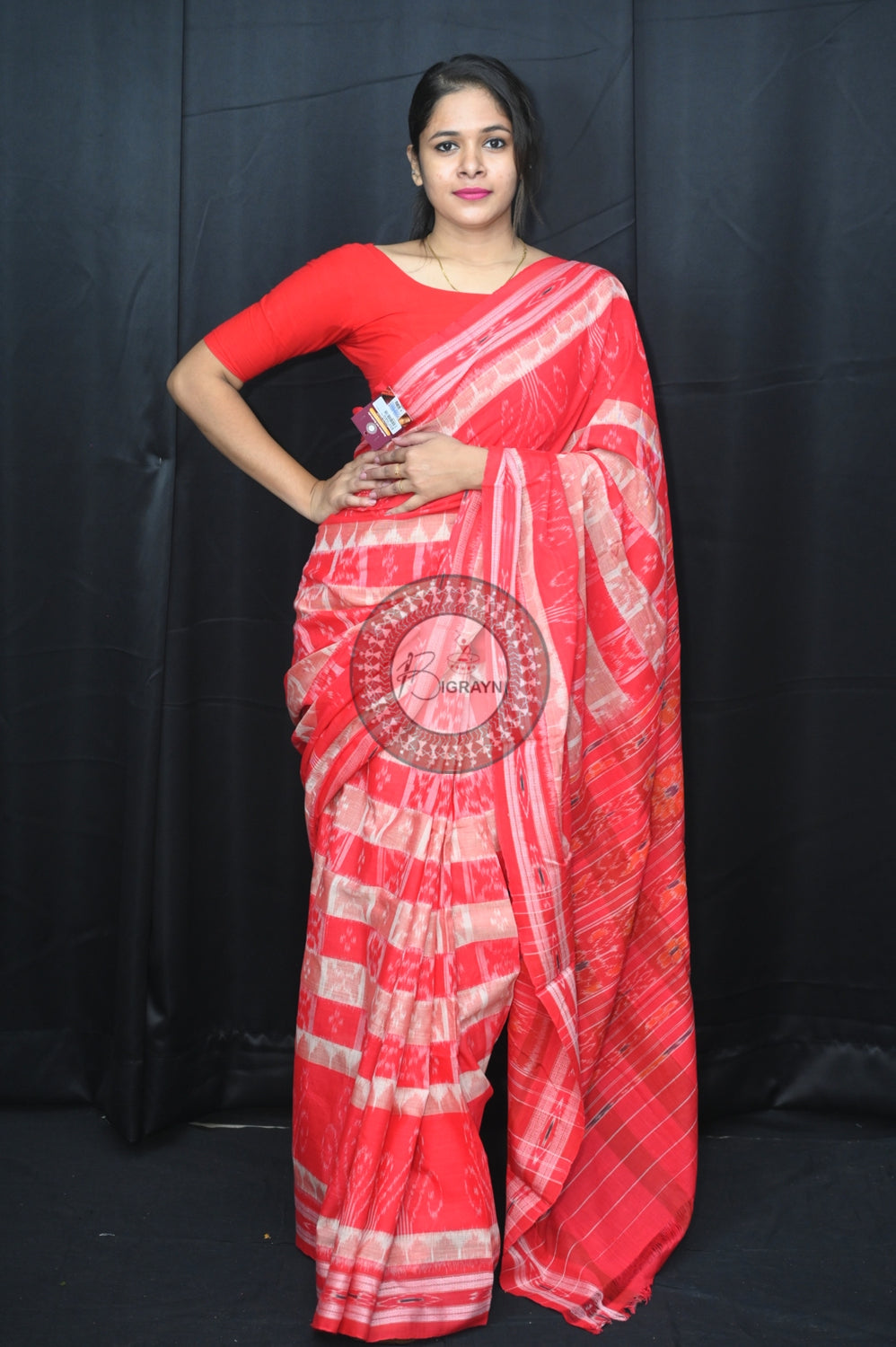 White Red Hycco Khandua Cotton Saree
