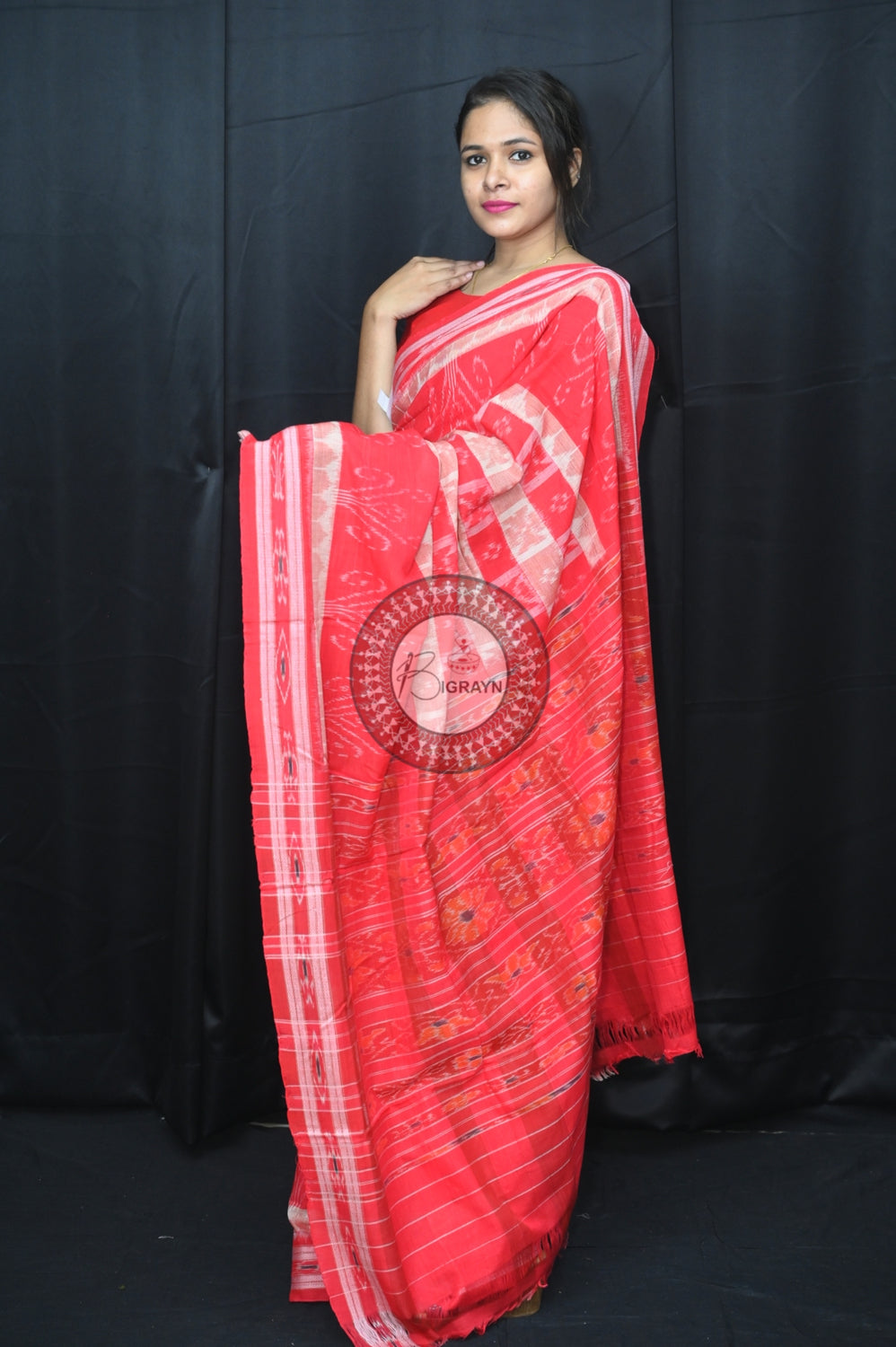 White Red Hycco Khandua Cotton Saree