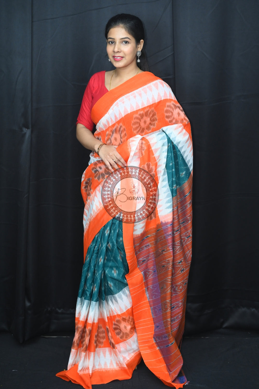 Green White Orange 7D Khandua Cotton Saree