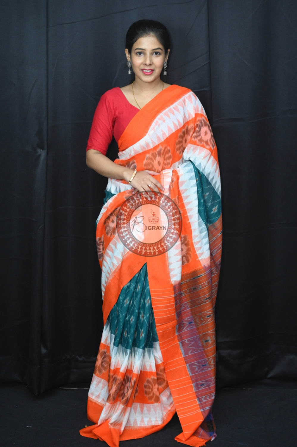 Green White Orange 7D Khandua Cotton Saree