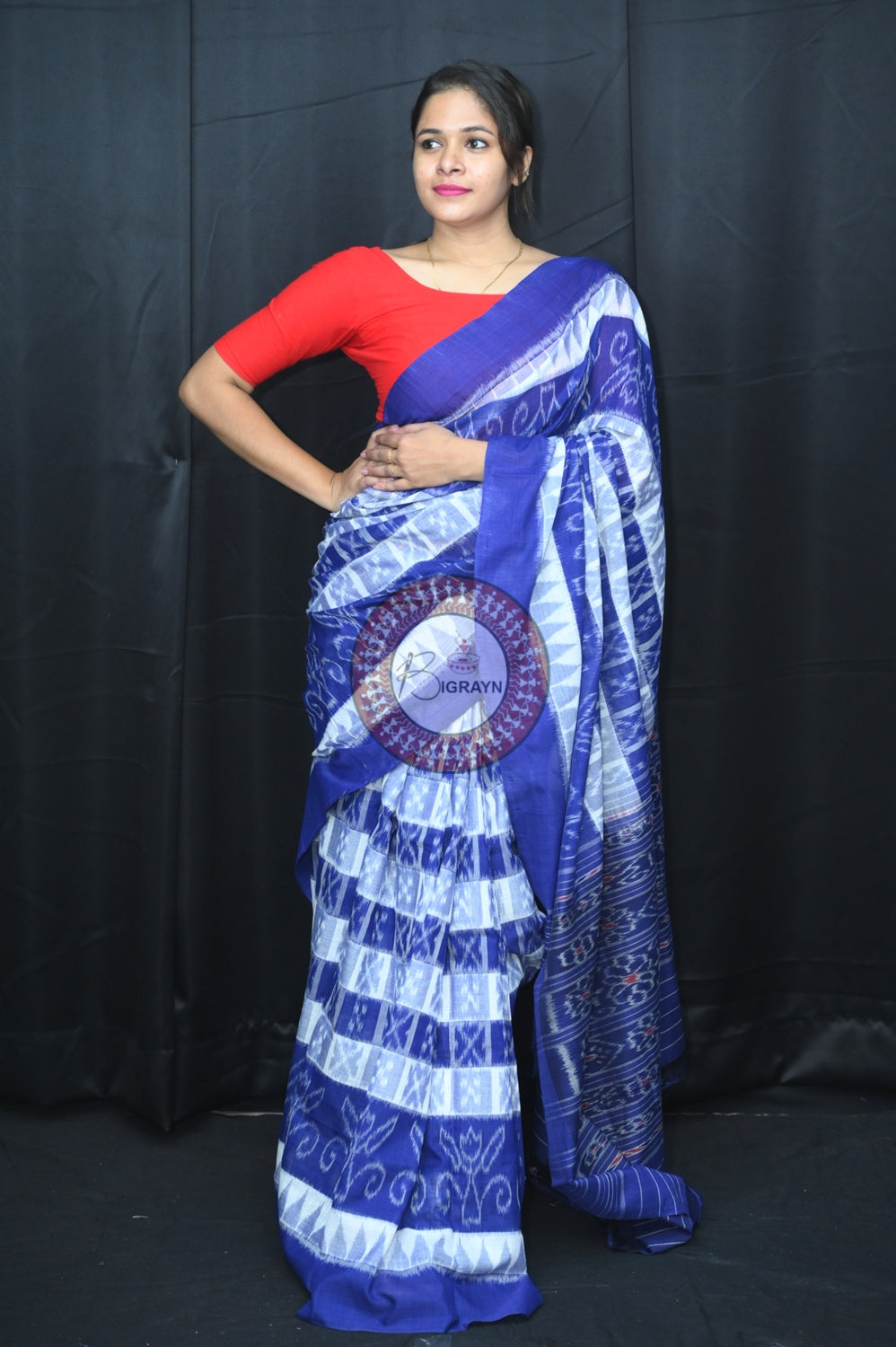 White Blue Hycco Khandua Cotton Saree