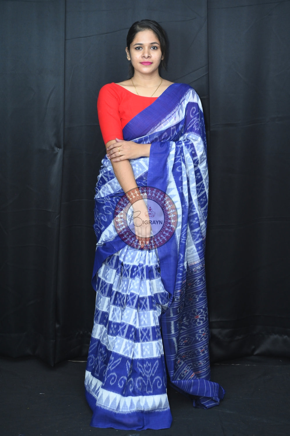 White Blue Hycco Khandua Cotton Saree