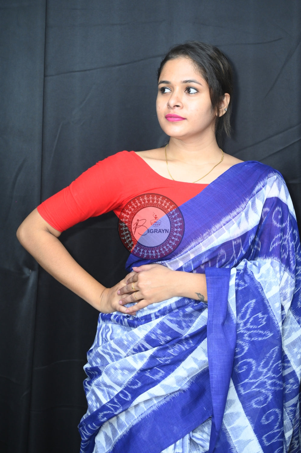 White Blue Hycco Khandua Cotton Saree