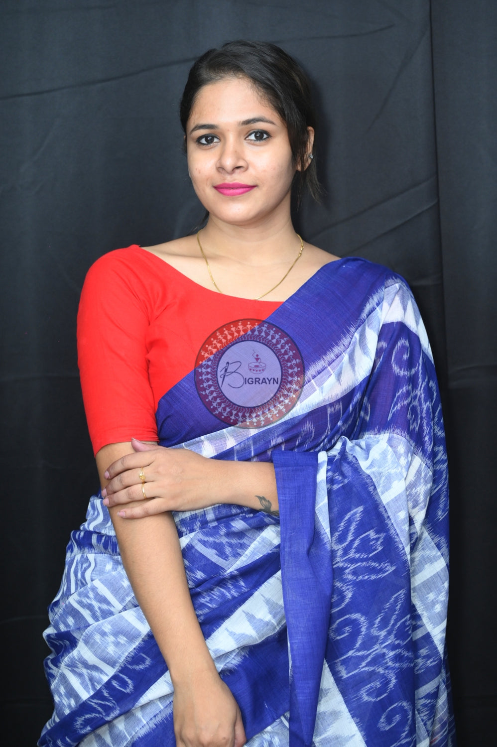 White Blue Hycco Khandua Cotton Saree