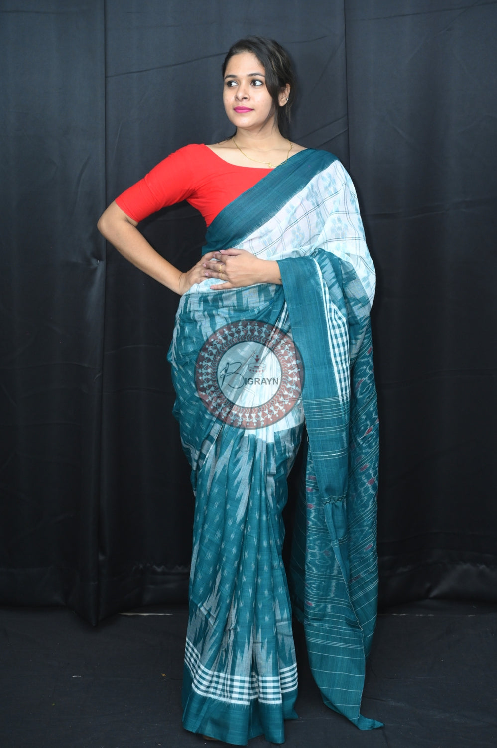 White Green Scot Kargil Khandua Cotton Saree