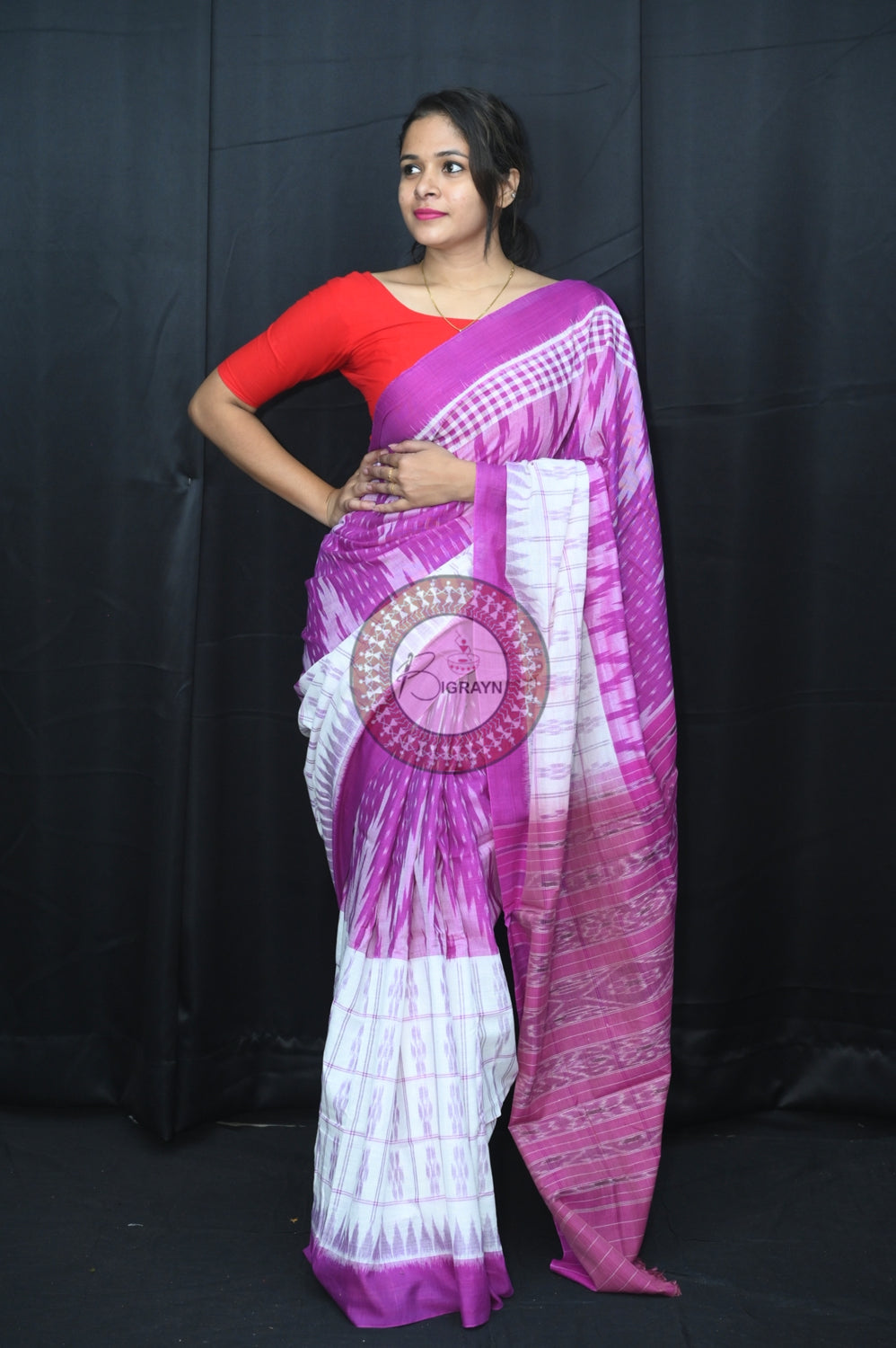 White Purple Scot Kargil Khandua Cotton Saree