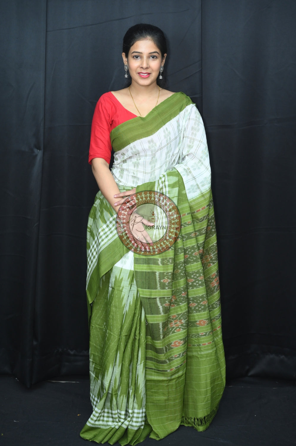 White Mehndi 5D Designer Khandua Cotton Saree
