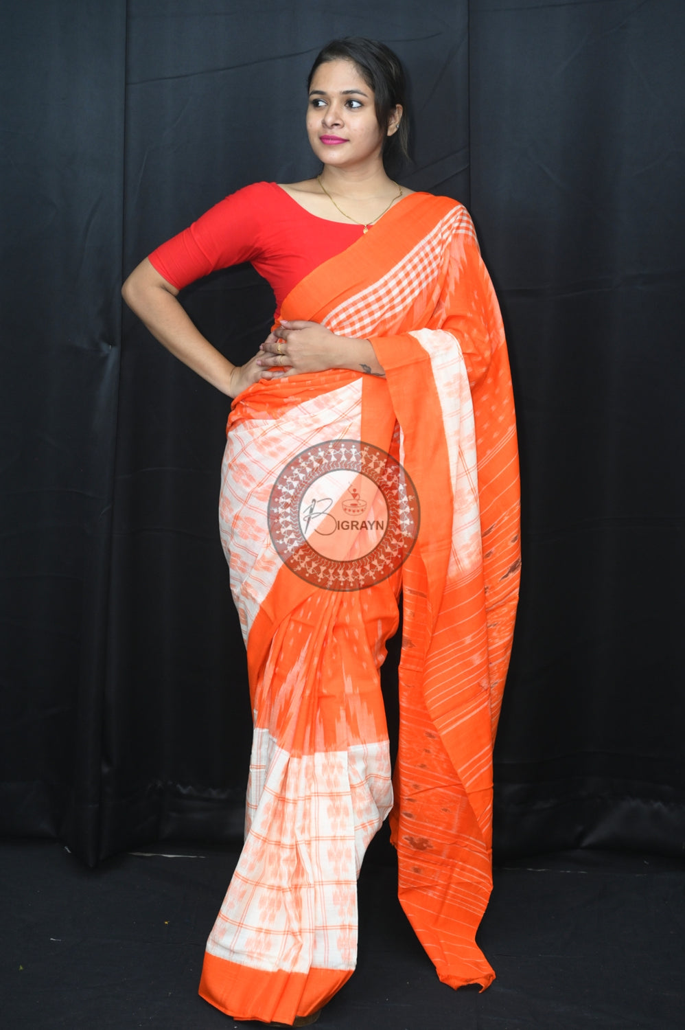 White Orange Scot Kargil Khandua Cotton Saree